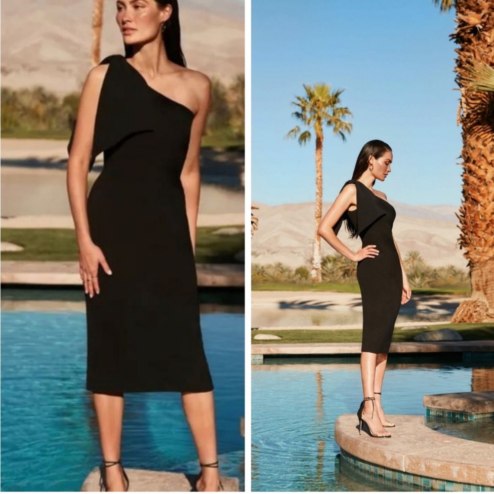 Dress The Population Black Tiffany One Shoulder Midi Dress Black XS $148